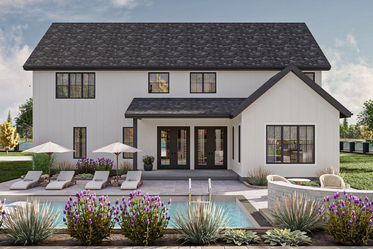 Modern Farmhouse house plan exterior with board and batten siding, gabled roof, covered porch with double doors, and a swimming pool.
