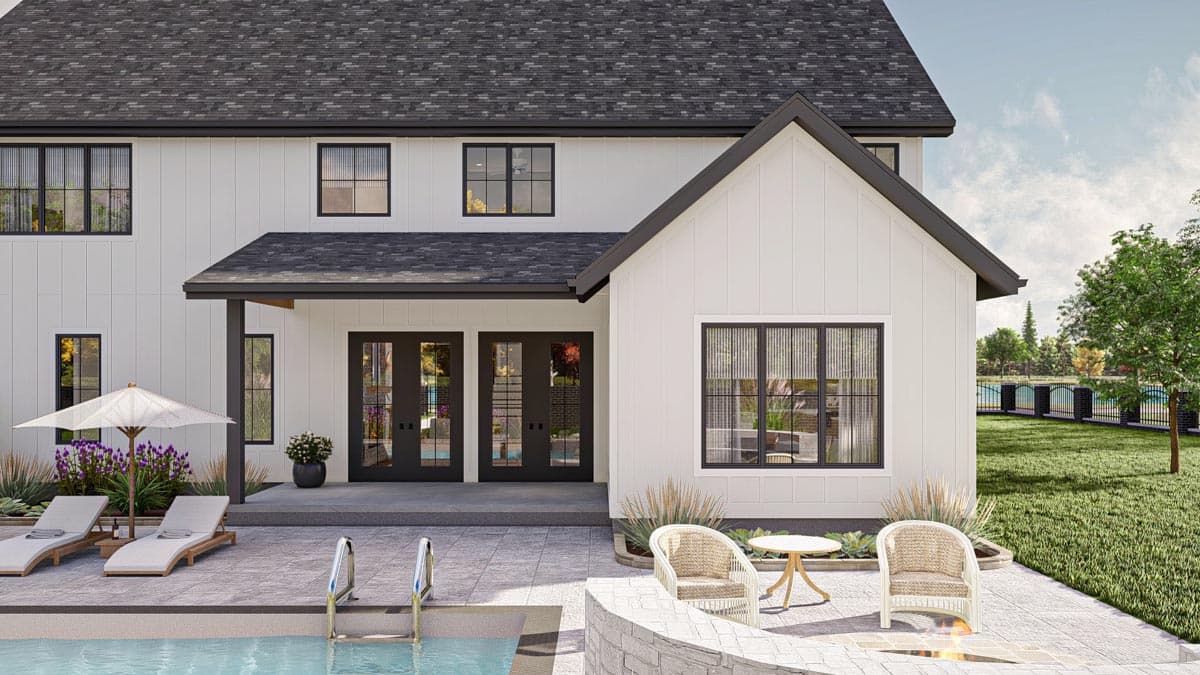 Modern Farmhouse house plan exterior with two stories, white vertical siding, black-framed windows, and a covered porch.