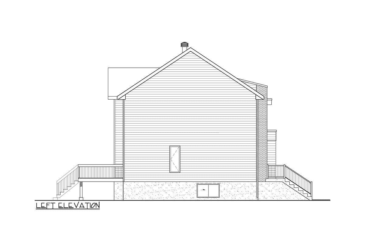 Left elevation drawing of a house plan with a gable roof, siding, brick chimney, and deck with stairs.
