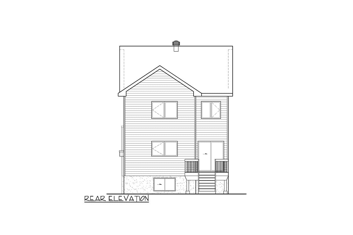 Rear elevation drawing of a two-story house with horizontal siding, multiple windows, a deck with stairs, and a small basement window.
