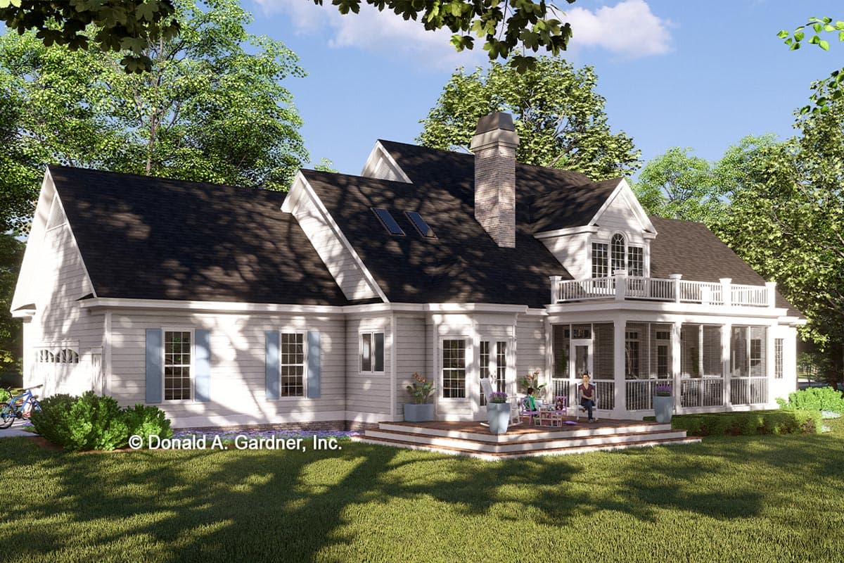 House plan exterior: Ranch style, white siding, prominent stone chimney, screened porch, deck, and second-story balcony.