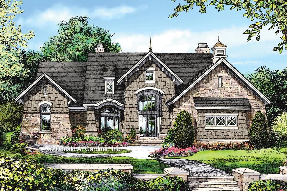 House plan exterior with stone and shingle siding, multiple gables, arched windows, and a cupola on the roof.