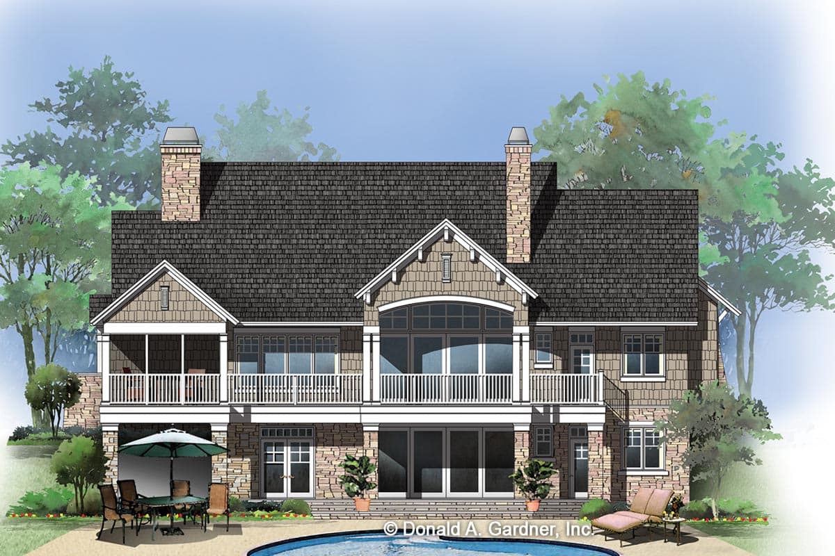 House plan exterior: two-story home with gables, stone chimneys, screened porch, and multiple balconies.