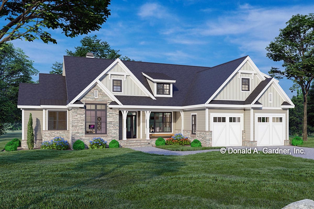 House plan exterior with Craftsman style. Features include stone accents, gabled rooflines, dormers, and a covered porch with supporting columns.