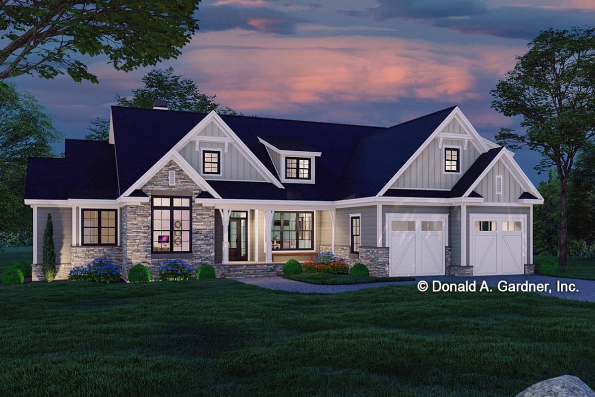 House plan exterior: Modern Farmhouse style, two stories, stone accents, front porch, dormers, and a three-car garage.