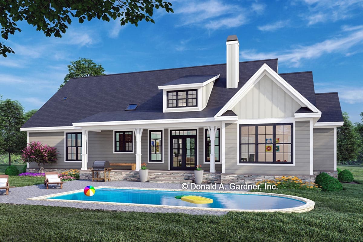 House plan exterior: Ranch style, gabled dormer, covered front porch with columns, and chimney.