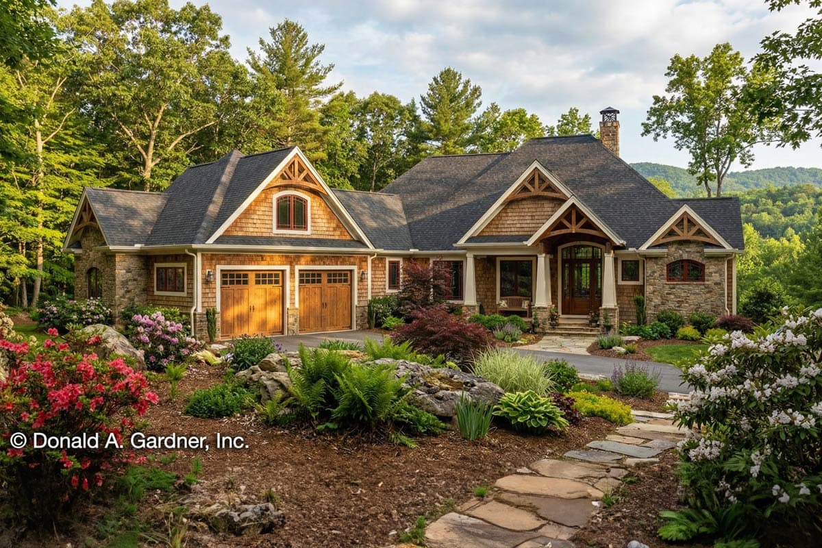 House plan exterior. Craftsman style, single story home with gabled rooflines, shake siding, arched window accents, and a front entry porch.
