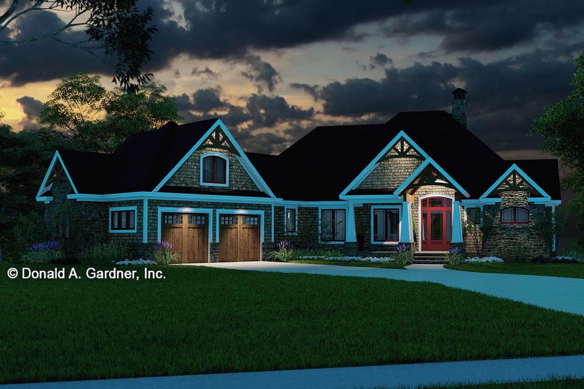 House plan exterior: Ranch style, 1.5 stories, stone accents, prominent gables, dual garage doors, and a red front door.