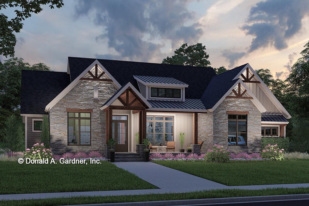 House plan exterior featuring stone accents, gabled dormer, deep eaves, and covered entry porch.