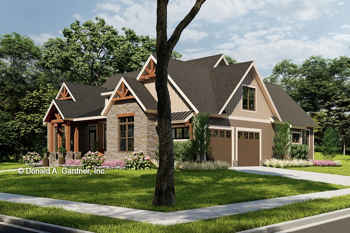 Craftsman house plan exterior, one story, with stone accents, prominent gables, and a covered front porch.