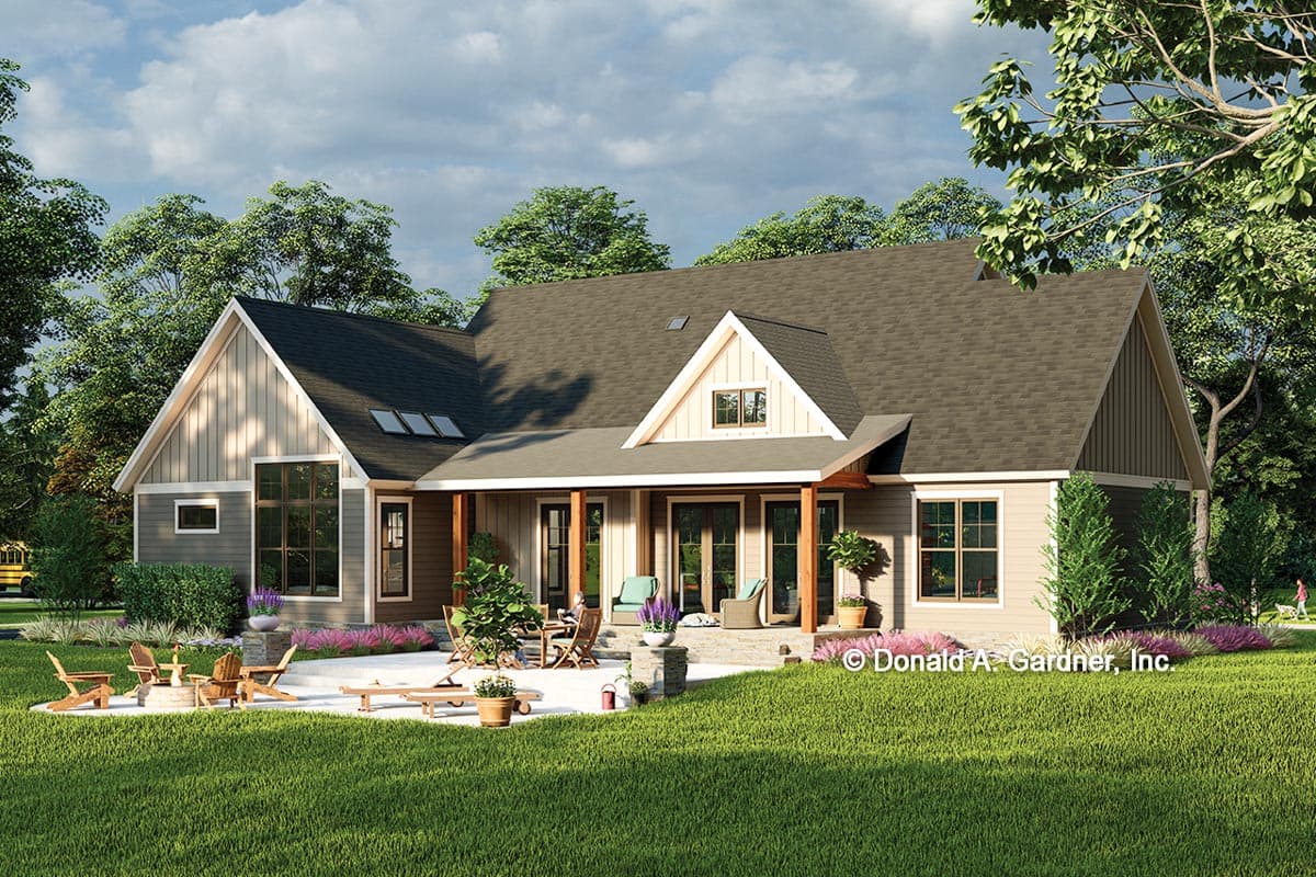 House plan exterior: One-story Modern Farmhouse with gabled dormer, covered porch, and multiple large windows.
