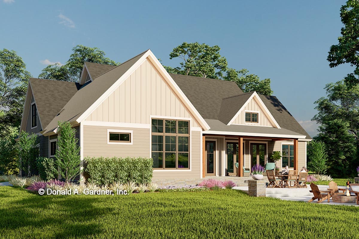 House plan exterior: Two-story Modern Farmhouse with gable accents, a covered porch with wood beams, and a large multi-pane window.