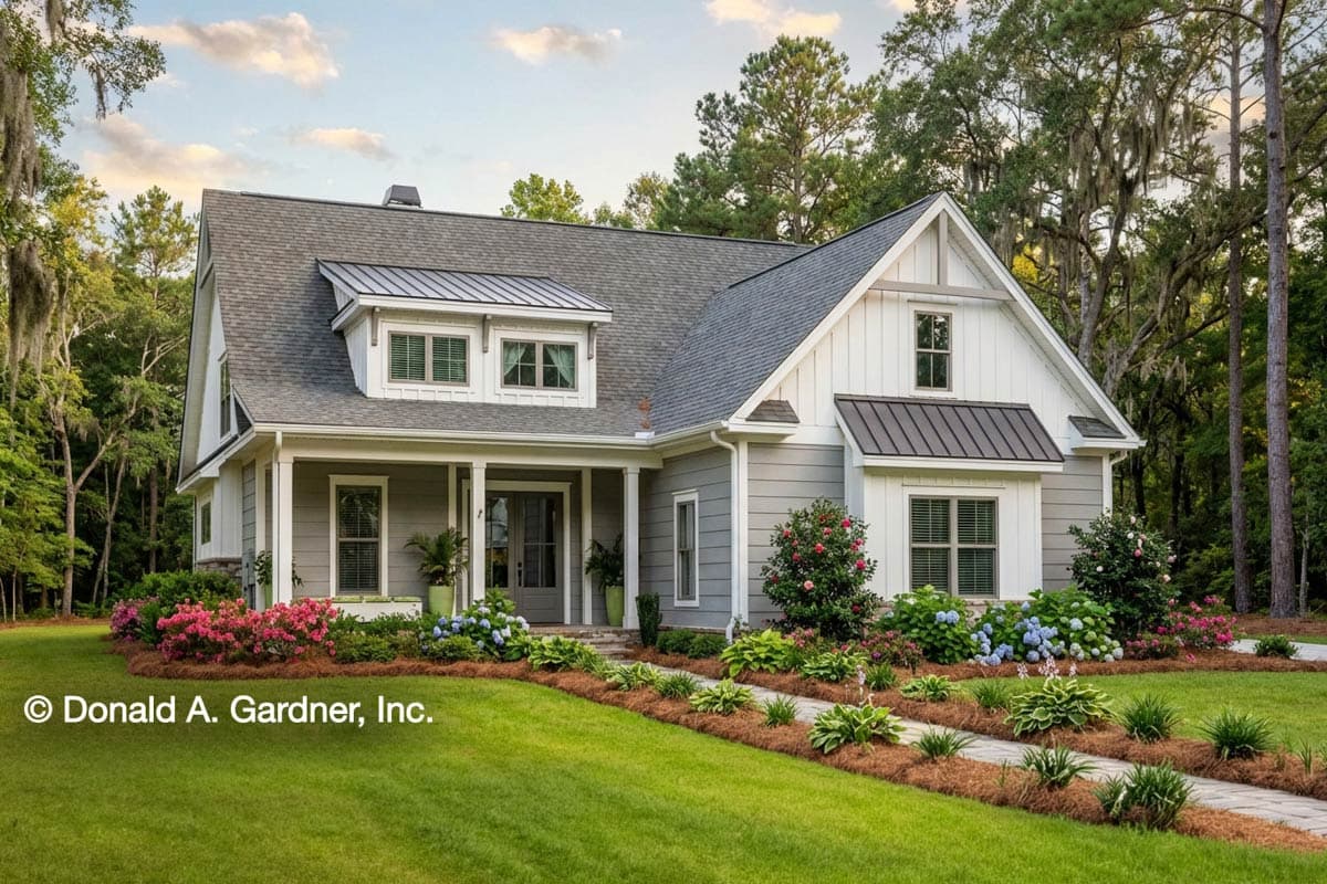 Plan 444413GDN: 3 Bed Cottage Home Plan Under 2000 Square Feet with Two Story Great Room - Image #1 - Bungalow, Cottage, Country, Farmhouse, Modern Farmhouse