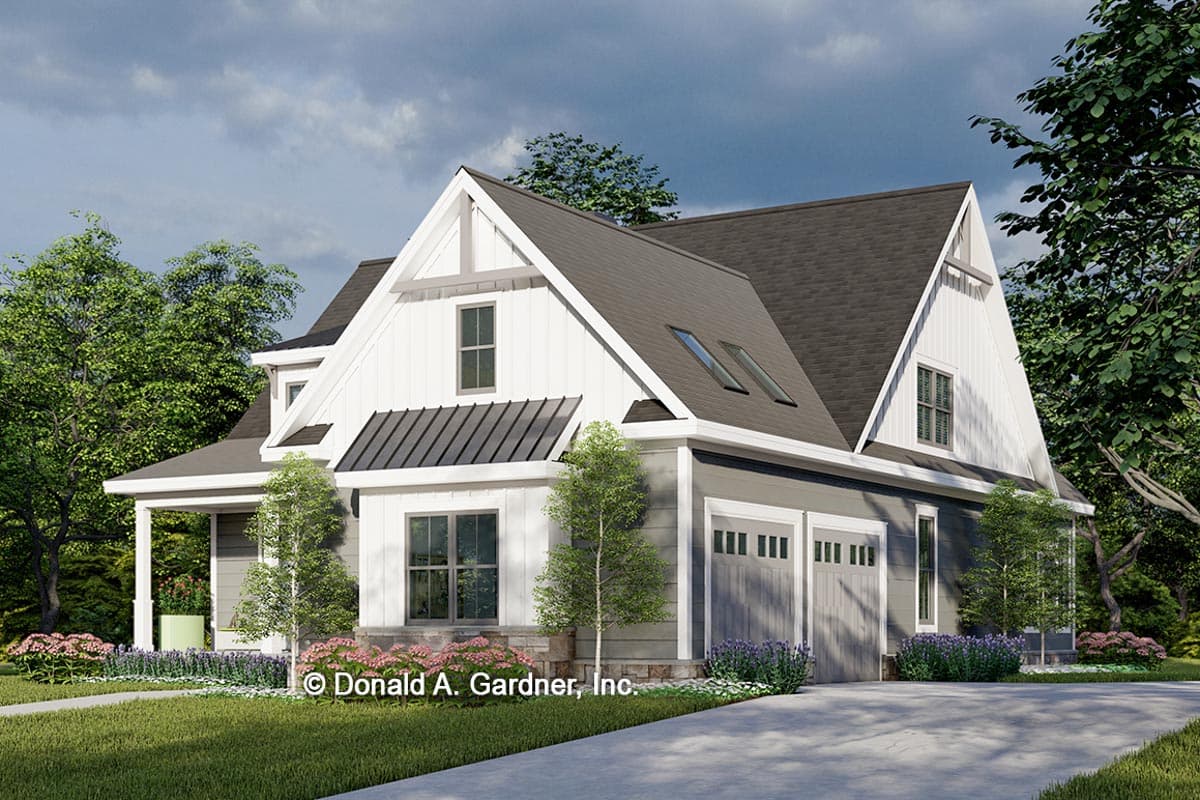 Modern Farmhouse house plan exterior with a two-car garage, gables, dormers, and a covered porch.