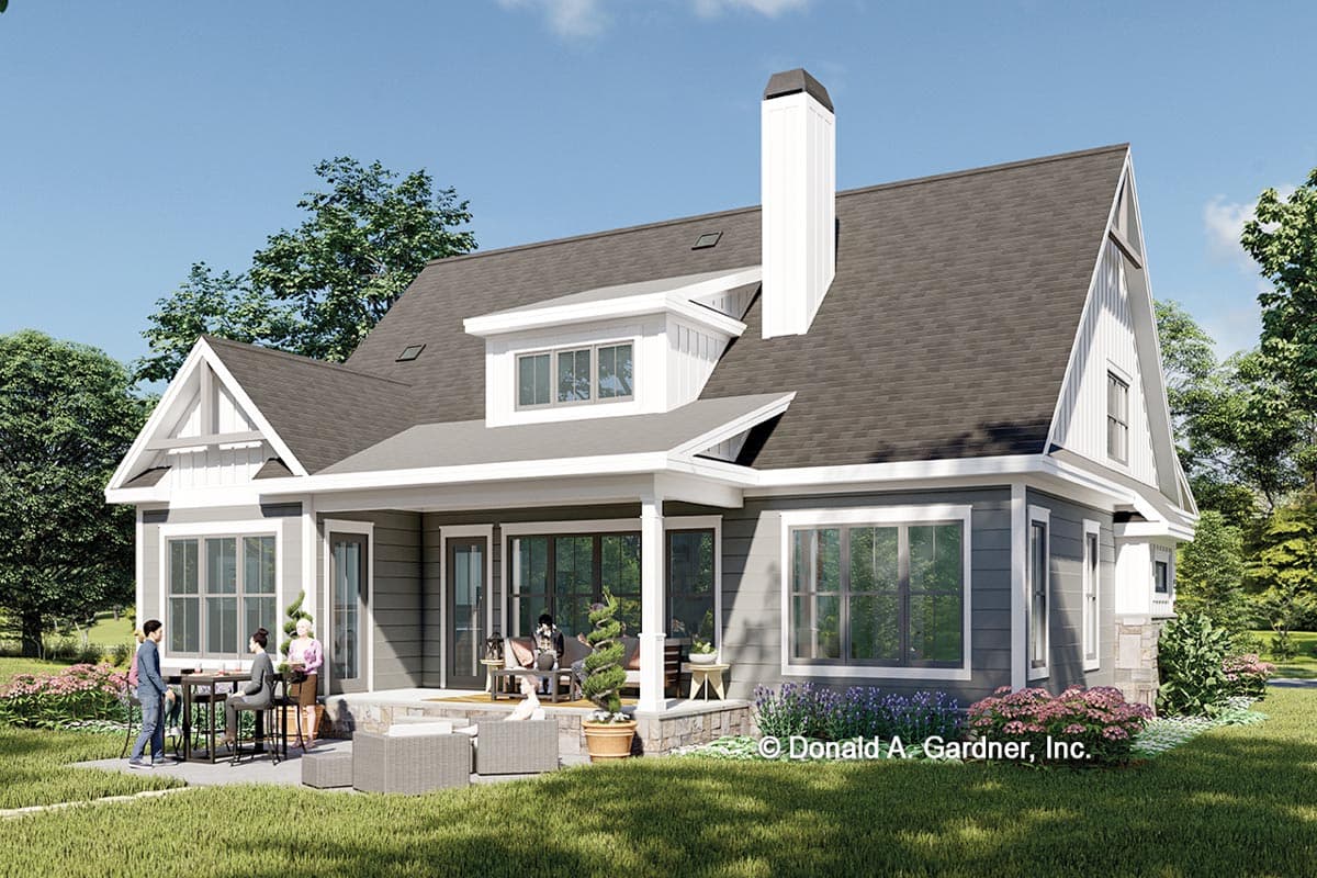 Modern Farmhouse house plan exterior with gables, dormers, covered porch, and stone accents.