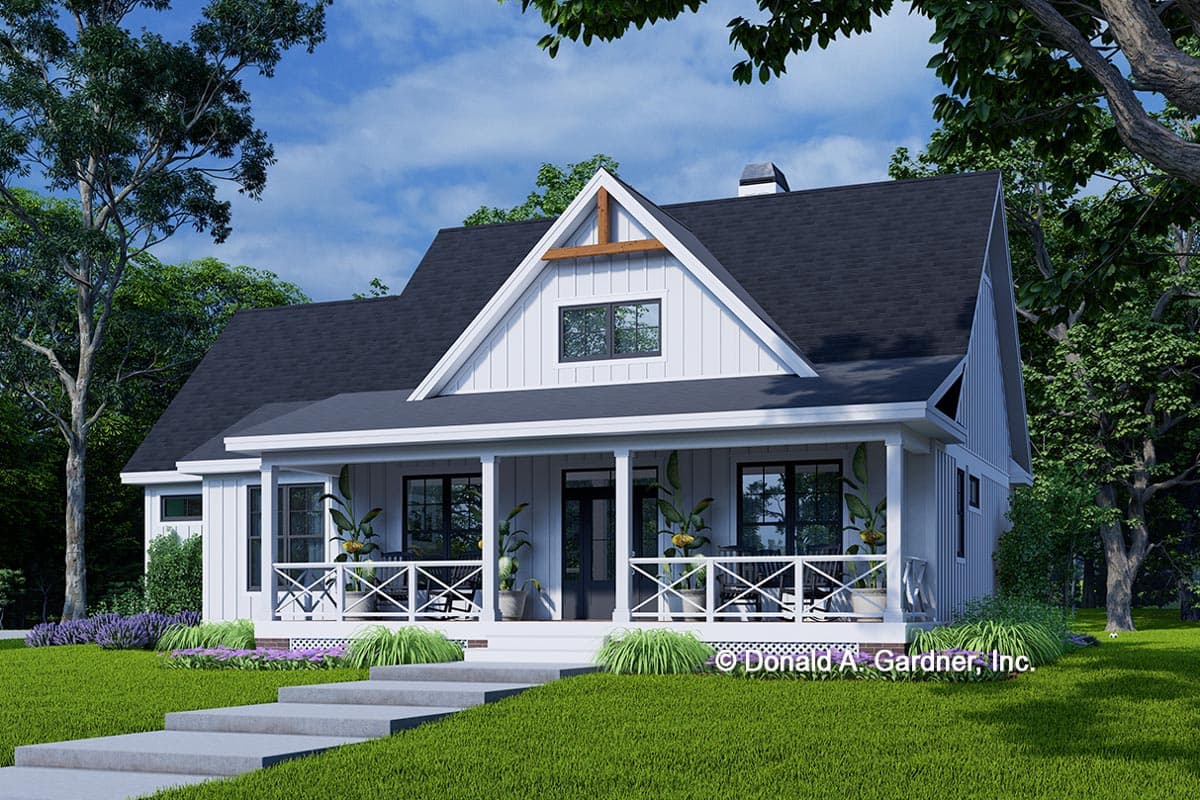 Modern Farmhouse house plan exterior with a wrap-around porch, prominent gable with decorative beam, and board-and-batten siding.