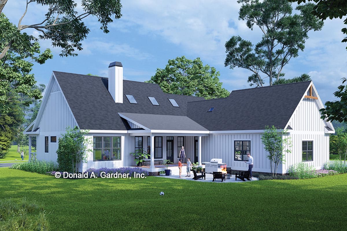 Modern Farmhouse house plan exterior: board-and-batten siding, large gables, dormer windows, and covered porch.