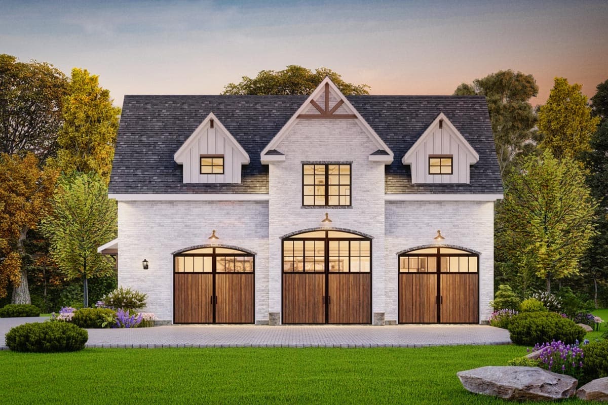 House plan exterior: Modern farmhouse style with white brick, three garage bays, gables with timber accents, and arched garage doors.