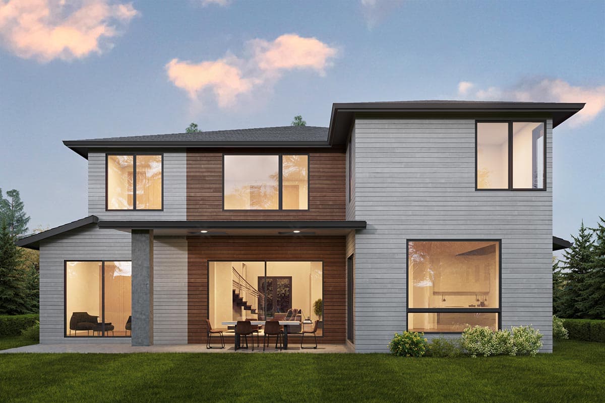Modern two-story house plan exterior with horizontal siding, wood paneling, large windows, and covered patio.