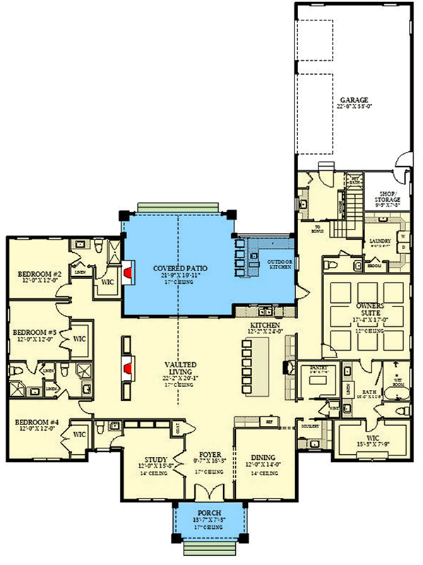 Plan 46507LA: Transitional Style Home Plan with Two Story Great Room and Bonus Room - 3607 Sq Ft - Floor Plan - Main Level - Country, European, Modern Farmhouse, New American, Southern, Transitional