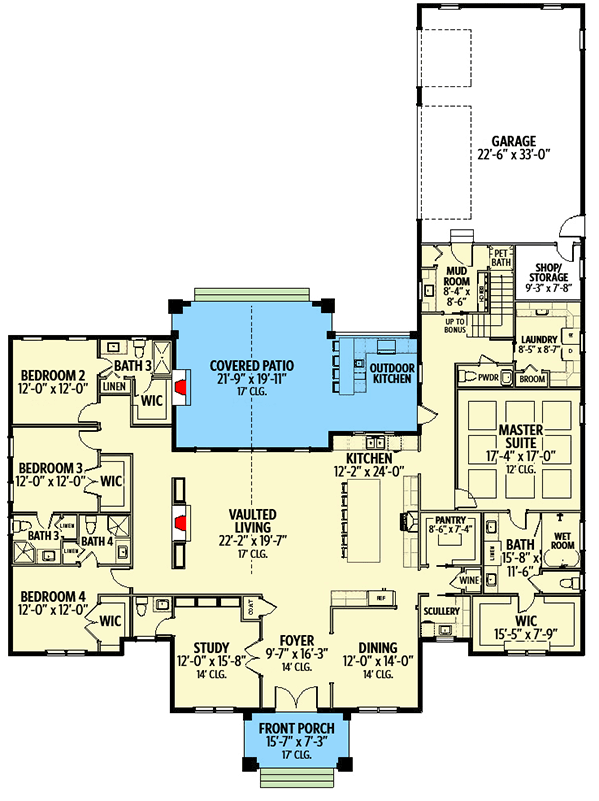 Plan 46507LA: Transitional Style Home Plan with Two Story Great Room and Bonus Room - 3607 Sq Ft - Floor Plan - Main Level - Country, European, Modern Farmhouse, New American, Southern, Transitional