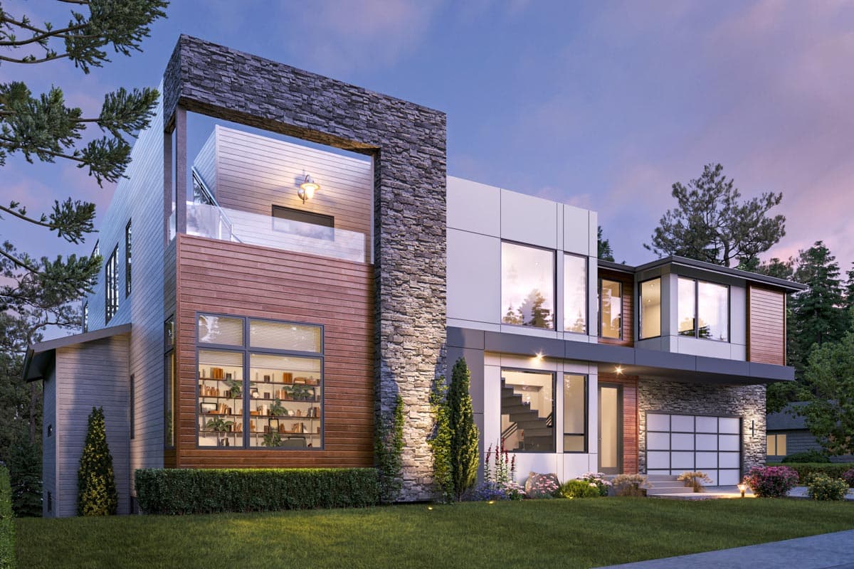Modern house plan exterior featuring stone and wood cladding, multiple stories, large windows, and a glass balcony.
