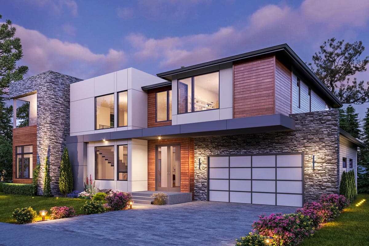 Modern two-story house plan exterior with stone, wood, and white paneling, large windows, and a multi-panel garage door.
