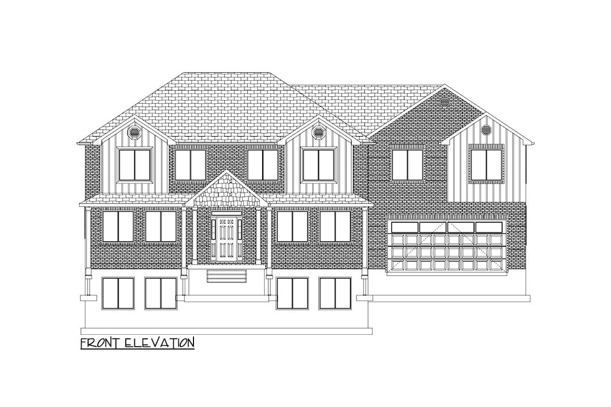 Front elevation drawing of a two-story house with gabled dormers, a covered entry porch, and a multi-panel garage door.