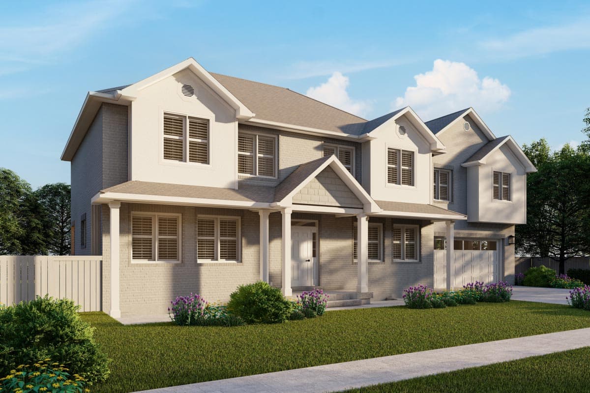 House plan exterior: Two-story Modern Farmhouse with gabled dormers, covered porch with columns, and attached garage.