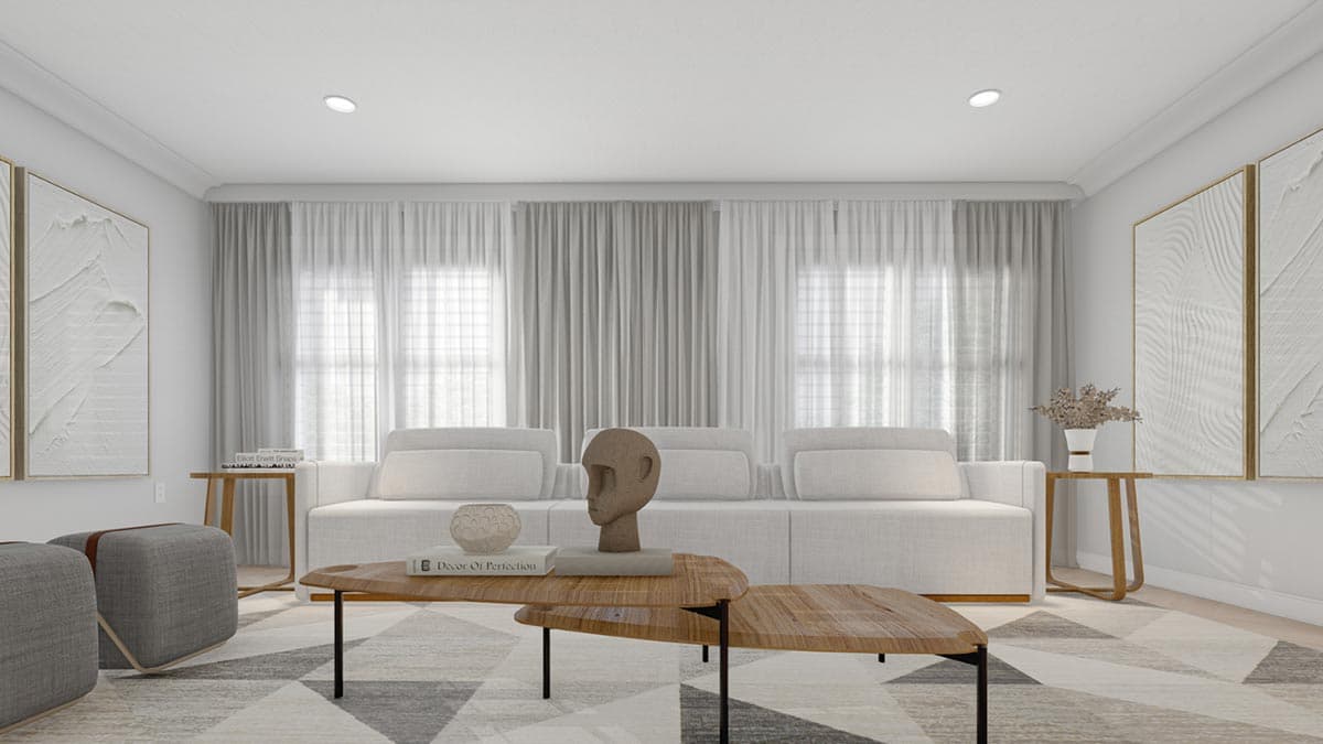 Modern living room rendering with white sectional sofa, layered coffee tables, abstract art, and large windows with sheer curtains.