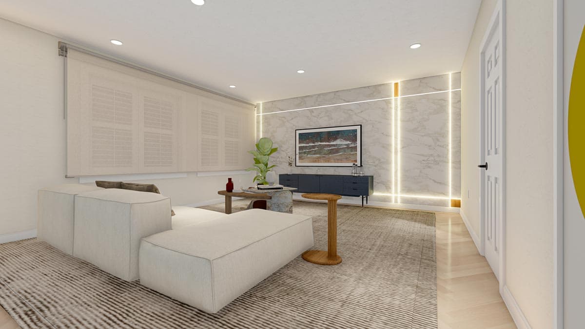Interior rendering of a living room with sectional sofa, marble accent wall, media console, and recessed lighting.