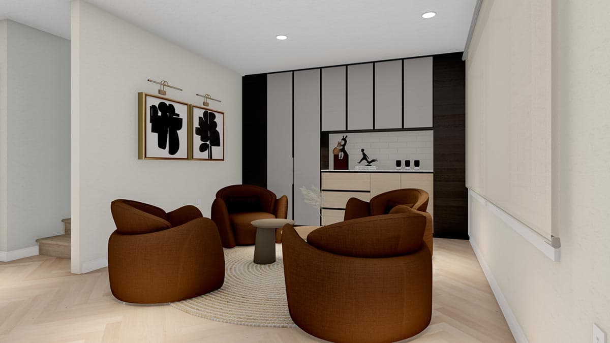 Interior rendering of a sitting area with four brown armchairs, a round rug, a small table, and a built-in wet bar.