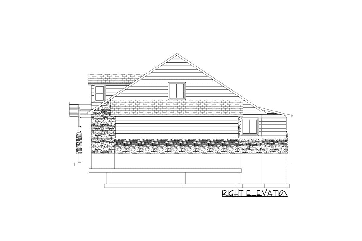 Right elevation drawing of a house plan with stone and horizontal siding, a prominent gable, and dormer.