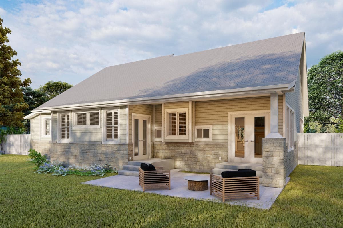 House plan exterior: One-story home with stone base, horizontal siding, covered porch with stone columns, and multiple French doors.