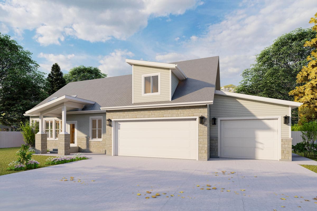 House plan exterior: One-story Modern Farmhouse with stone accents, covered porch, dormer, and a 3-car garage.
