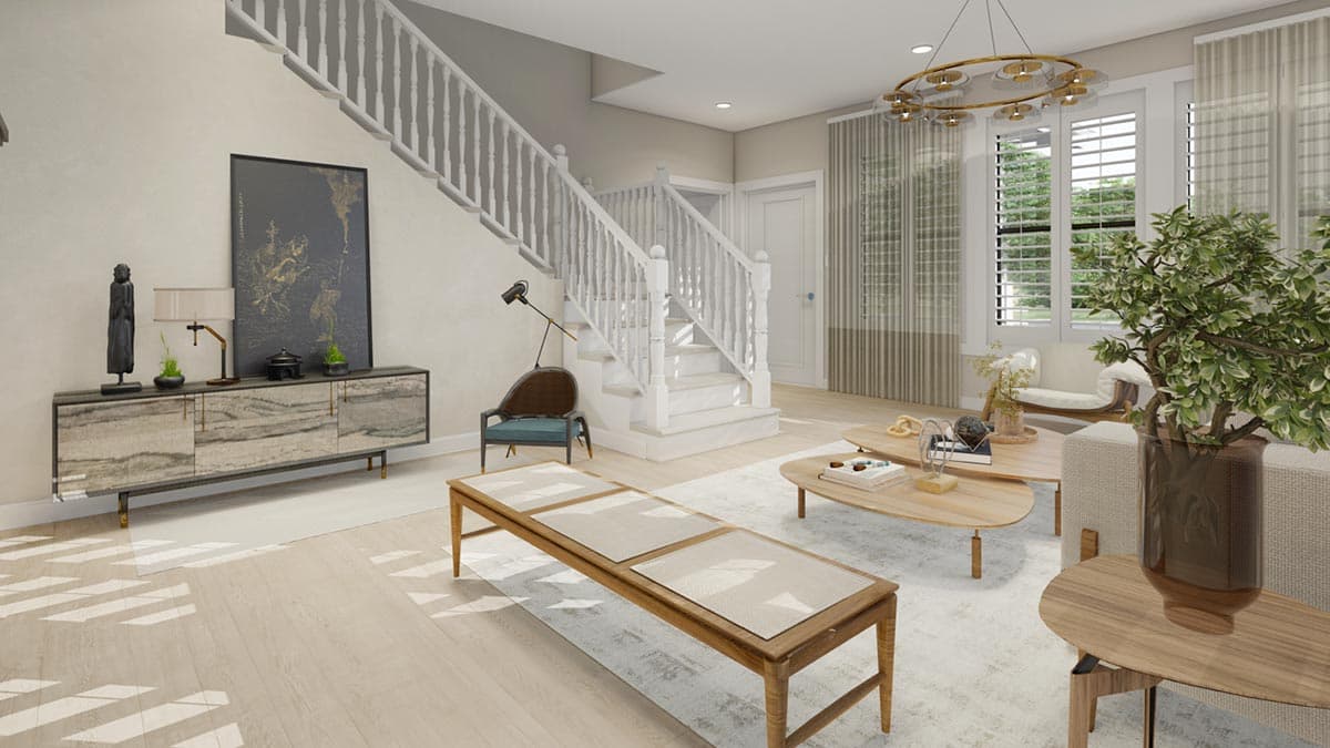 Interior rendering of a living room with a white staircase, wood sideboard, and modern furniture.
