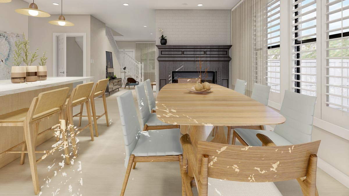 Rendering of an open-concept living space with a kitchen island, dining table, and fireplace.