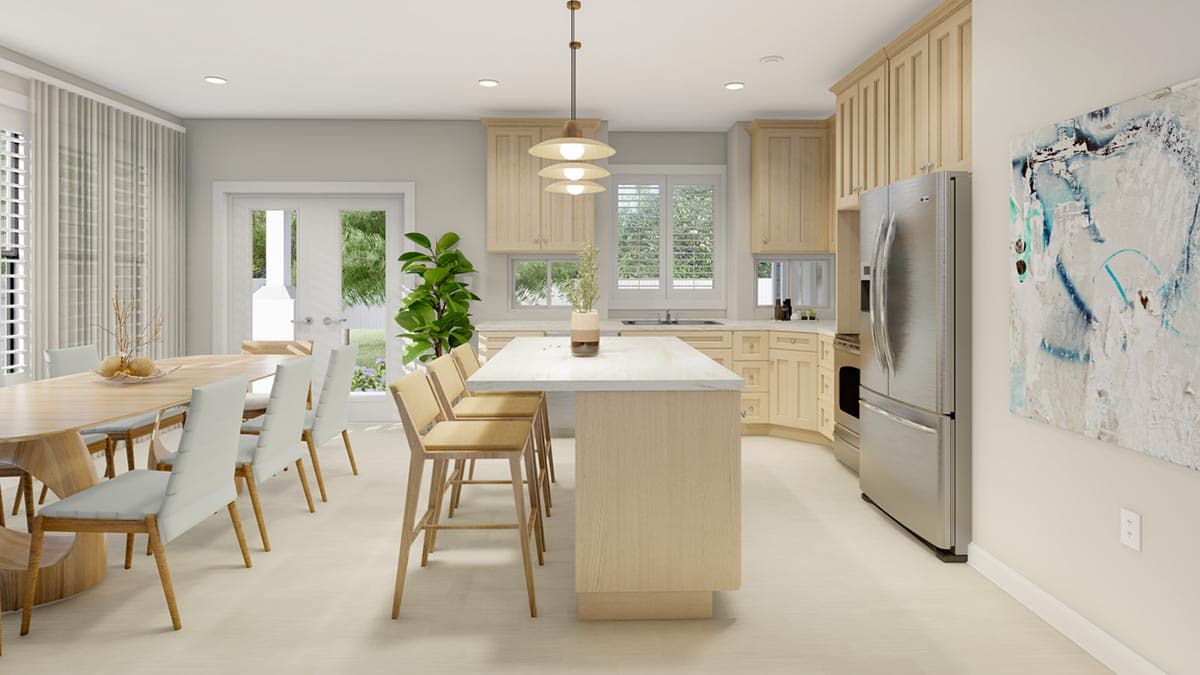 Kitchen and dining area with light wood cabinetry, island, stainless steel appliances, and double doors to an outdoor space.