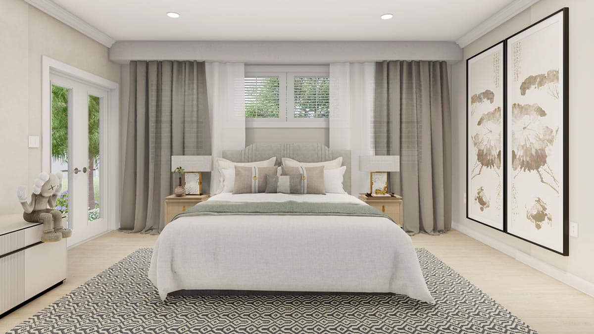 Bedroom rendering with a king-size bed, nightstands, double doors to an exterior, and large artwork.
