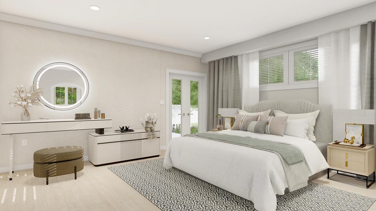 Bedroom rendering with king bed, vanity with illuminated mirror, and french doors leading outdoors.