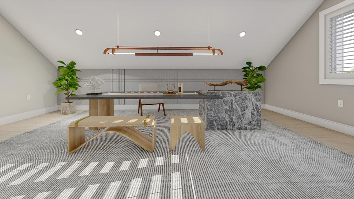 Rendering of a home office with a large desk, modern lighting, wood accents, and textured rug.