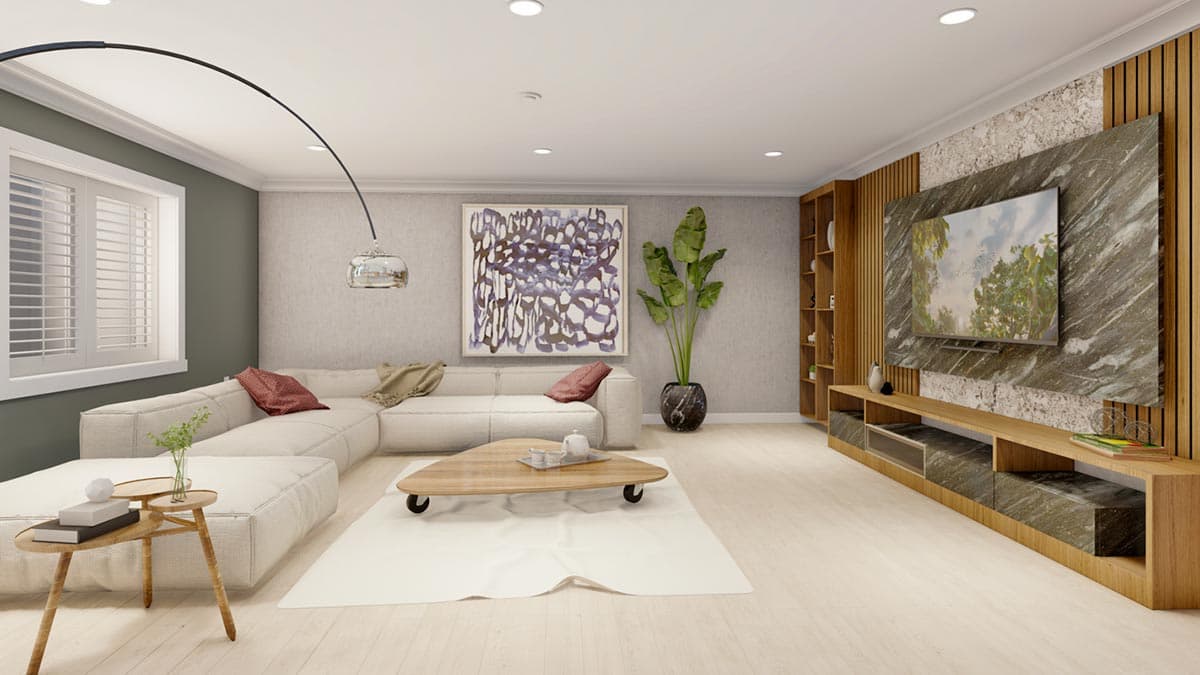 Living room with sectional sofa, abstract art, plant, and media console with television and wood shelving.
