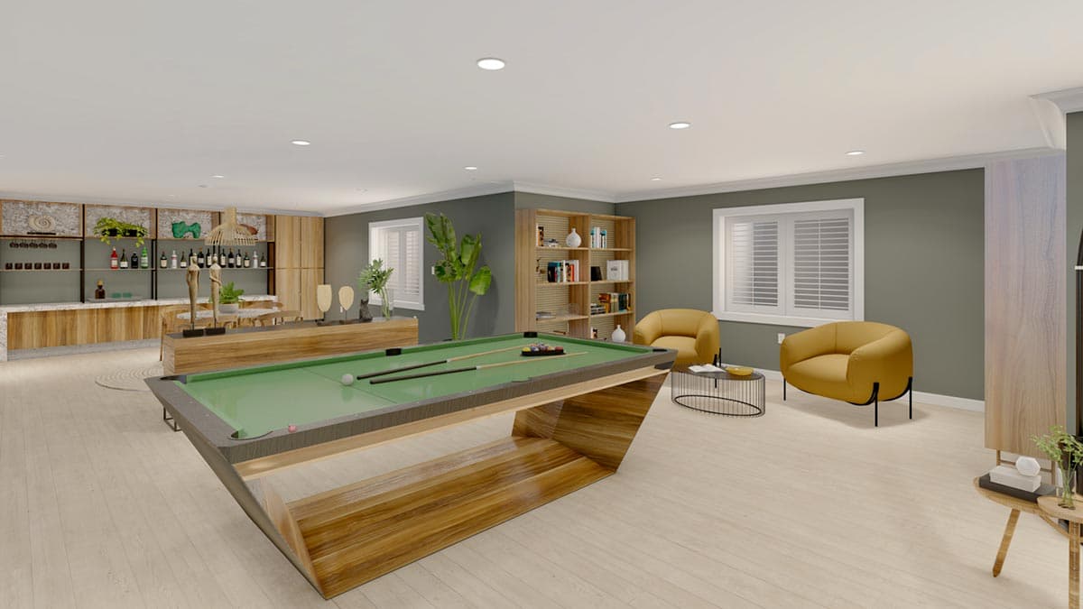 Contemporary living room with pool table, bar area, and seating.