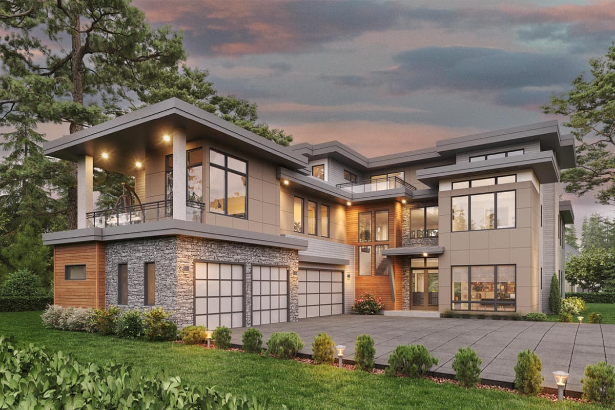 Modern house plan exterior with multiple stories, stone and wood siding, large windows, balconies, and a three-car garage.