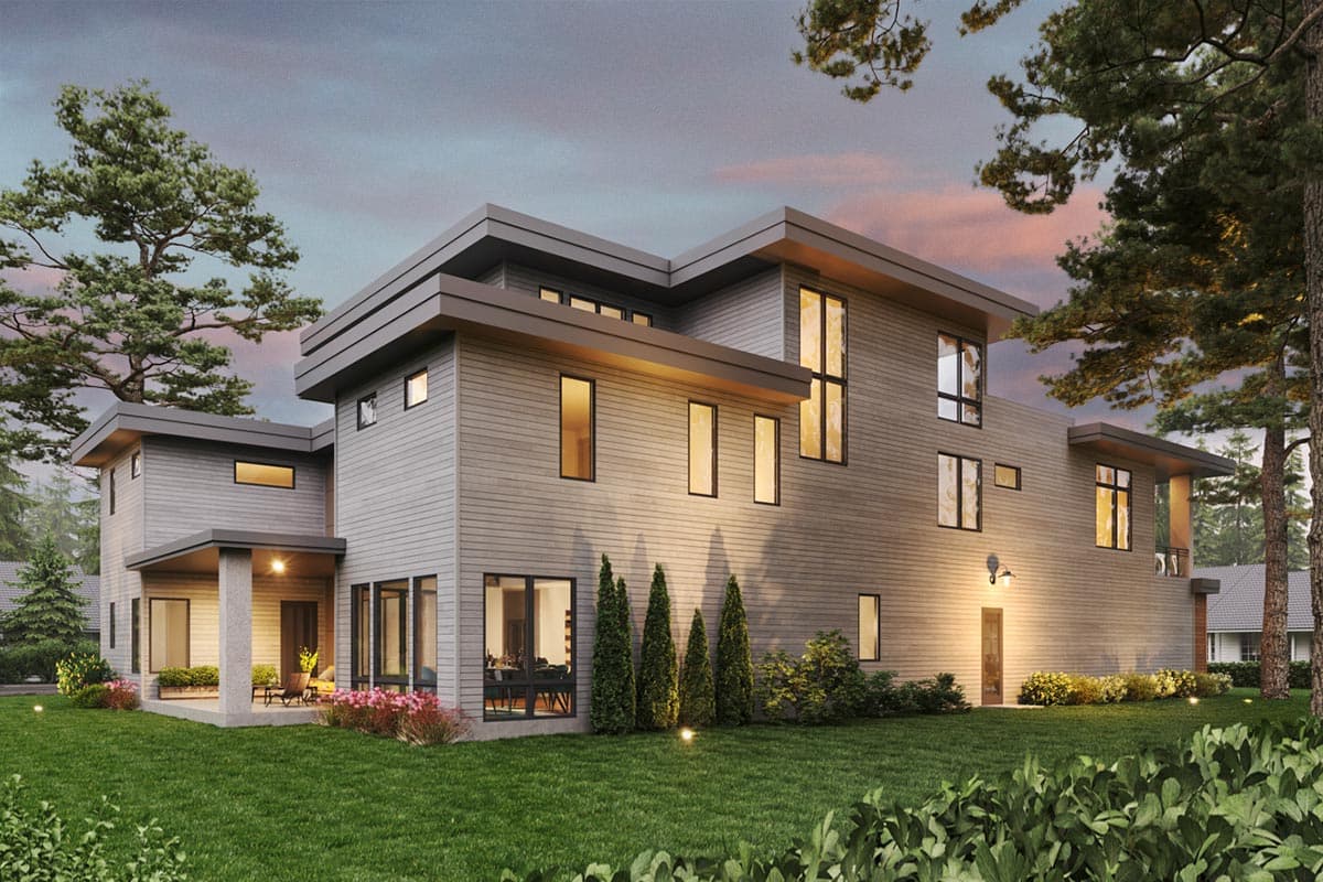 Modern house plan exterior with horizontal siding, flat rooflines, large windows, and a covered porch.