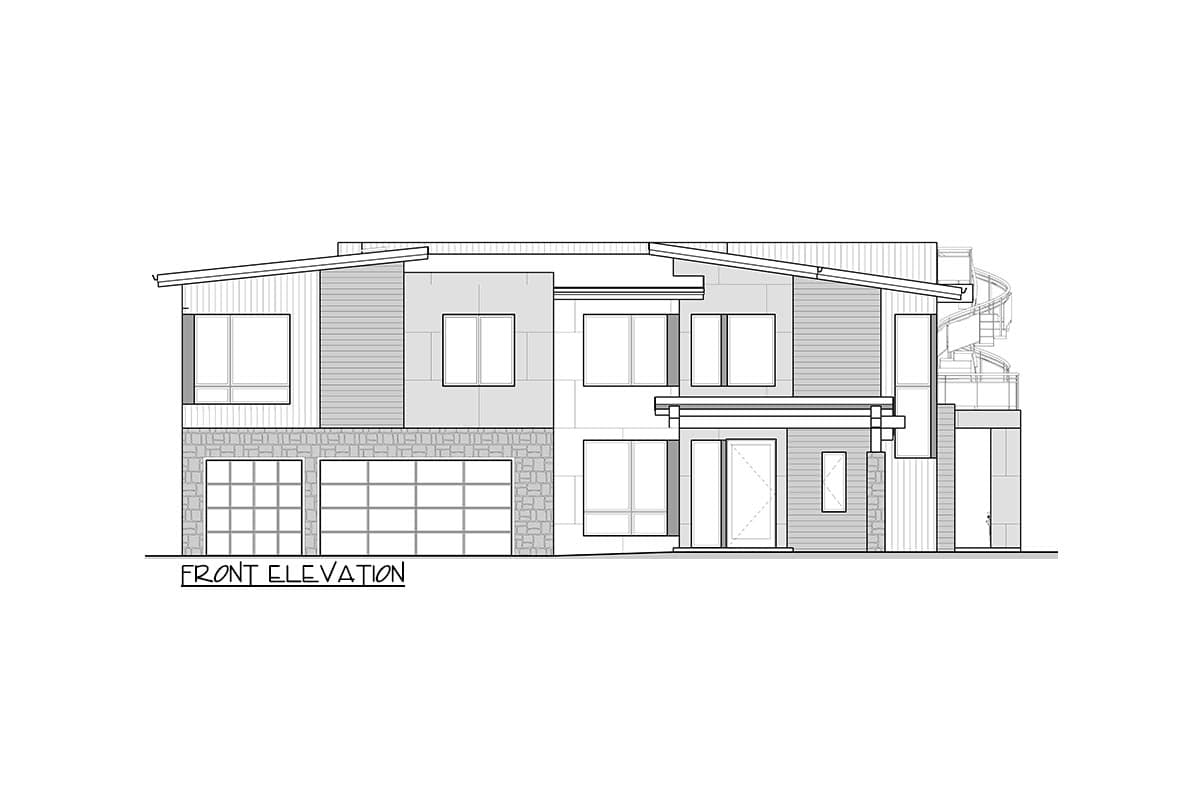 Front elevation house plan showing a two-story modern home with a three-car garage, horizontal siding, stone accents, and a spiral staircase.
