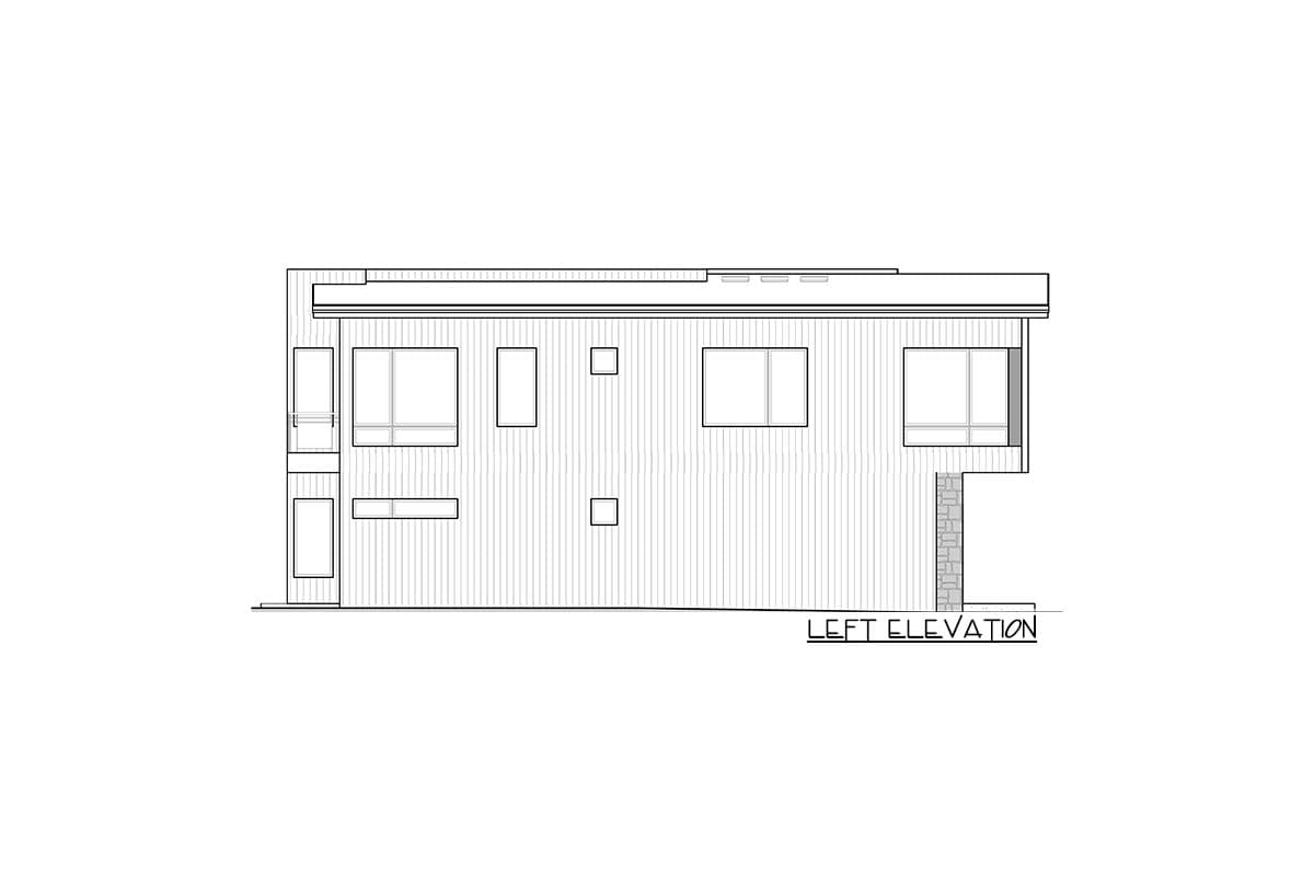 Left elevation drawing of a house plan with vertical siding, large windows, and a stone base on the right.