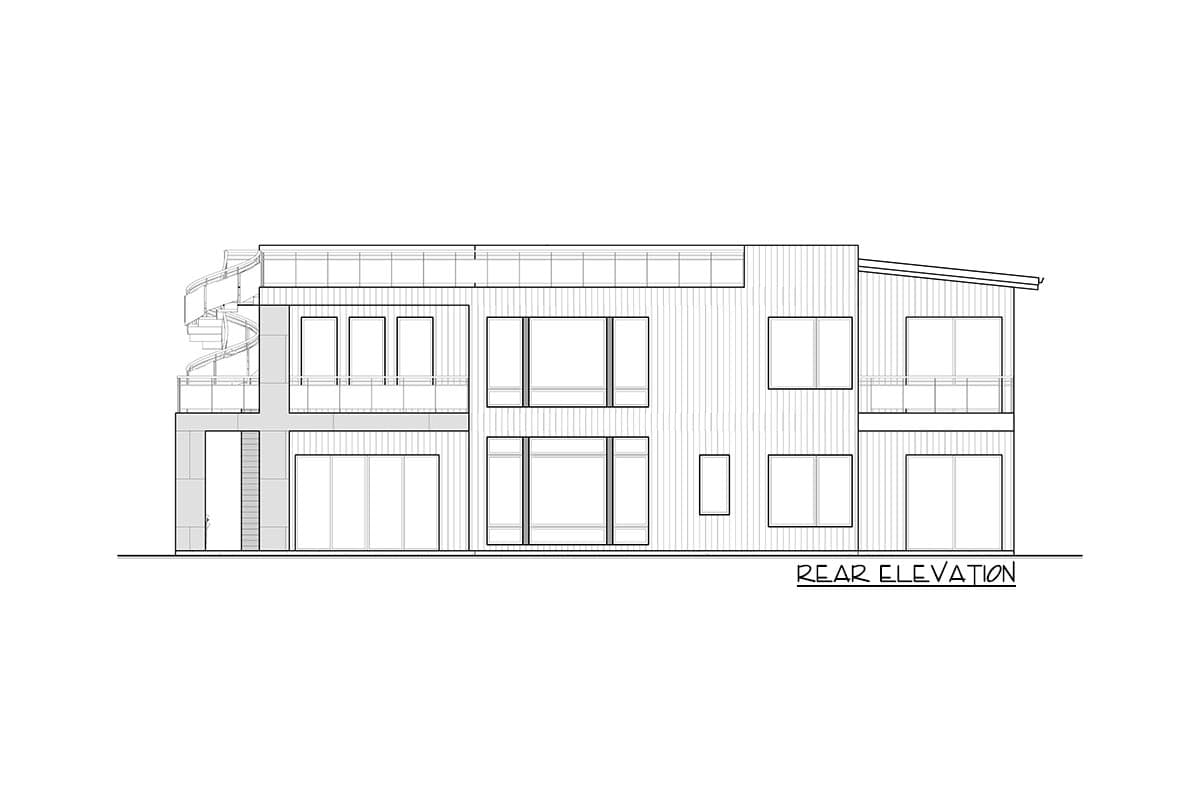 Rear elevation house plan featuring a spiral staircase, multiple balconies, and large windows.