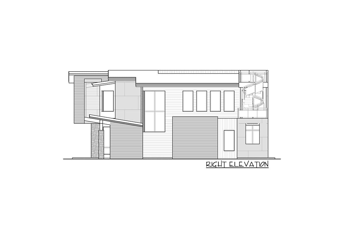 Right elevation drawing of a modern house plan featuring varied window styles, horizontal siding, and an exterior spiral staircase.