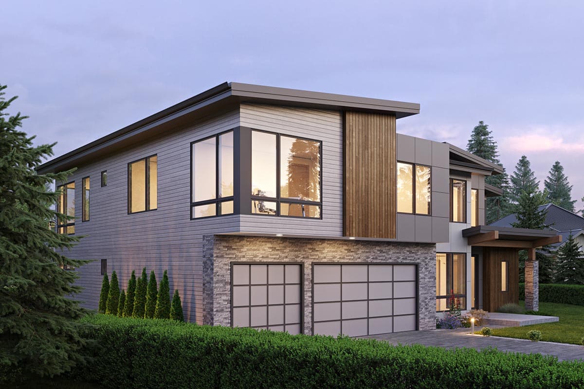Modern two-story house plan exterior with stacked stone base, horizontal siding, large windows, and a two-car garage.